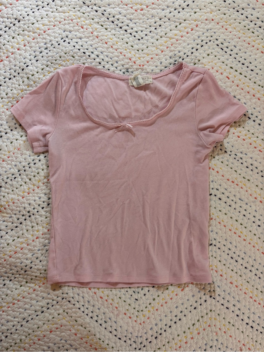 Full Tilt Pale Pink Short Sleeve Scoop Neck Tee with Front Bow